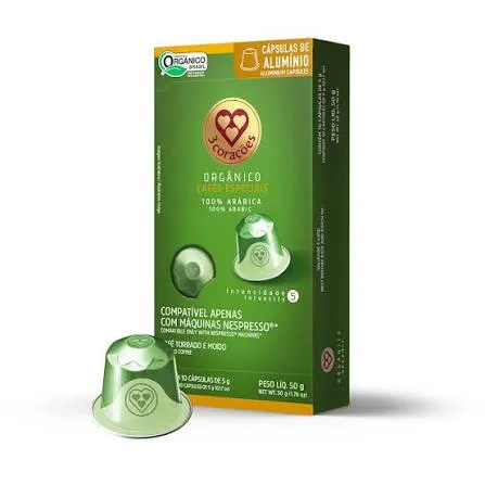 Caixa e cápsula do café Orgânico da 3 Corações, compatível com máquinas Nespresso